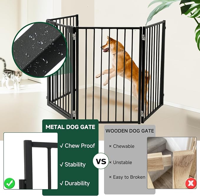 Snagle Paw Metal Freestanding Dog Gate with Door, 80” W x 32” H Dog Fence with Support Feet for Doorways, Stairs and Hallways, Portable Pet Gate for Indoor Use (4 Panel, Black)