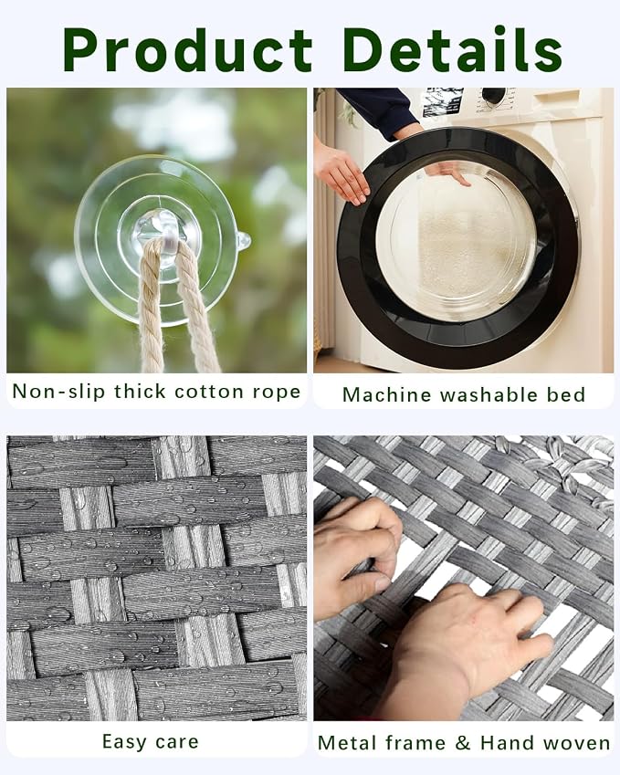 SETVSON Cat Window Perch, Cat Window Hammock Bed for Indoor Cats, Large Handwoven PE Rattan Window Seat, 4 Suction Cups, Double Sided Washable Cushion Bed, 2.3 Inch Fence Shelf, for Pet Kittens Gray
