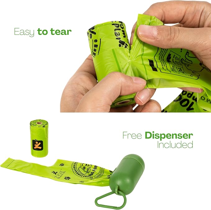 Dog Poop Bags, 100% Compostable & Leak Proof Dog Waste Bags – Vest Style Handle, Extra Thick, 240 Bags (16 Rolls × 15),Cornstarch, PLA & PBAT, TÜV Austria Certified, Dispenser Included