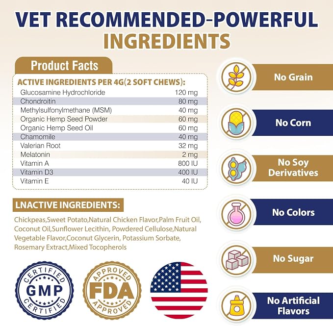 Hip and Joint Supplement for Dogs 200 Hemp Dog Calming Chews with Glucosamine, Chondroitin, Msm, Omega 3, Melatonin for Senior Dogs Anxiety, Dog Pain Relief Anti Inflammatory Small/Medium/Large Breed