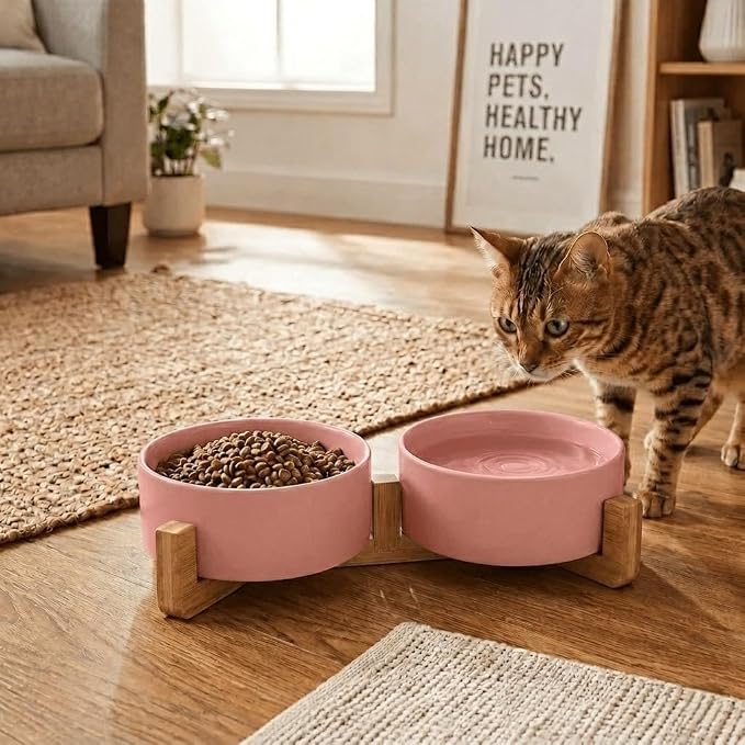 SPUNKYJUNKY Ceramic Dog and Cat Bowl with Wood Stand Non-Slip Matte Glaze Weighted Food Water Set for Cats &Small Dogs 13.5 OZ