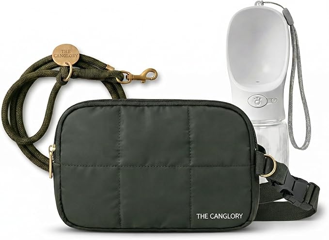 Premium Hands-Free Dog Walking Kit 4-in-1 Crossbody Fanny Pack, 78inc HeavyDuty Rope Leash,12oz Water Bottle & Poop Bag Dispenser, Hands-Free Kit for Running, Hiking&Training(Olive Green)