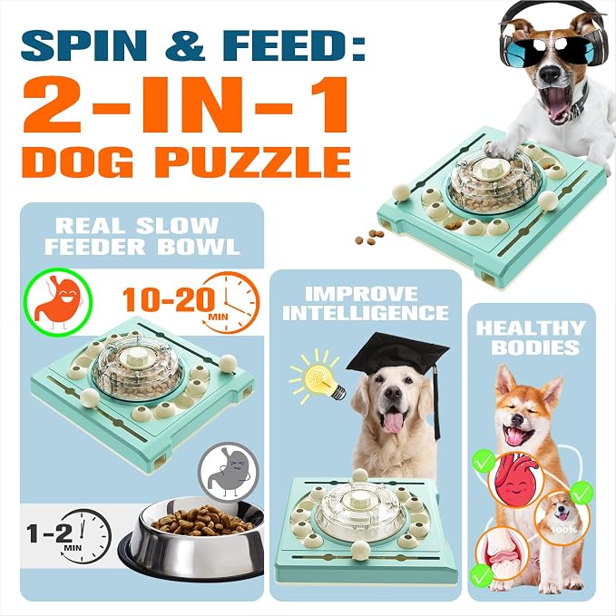 KADTC Large-Size Dog Puzzle Toy, Mental Stimulation for Dogs, Slow Feeder | Spin-to-release treat dispenser creates treats-in-motion, with 2 levels + 3 play modes for slower eating and enrichment.