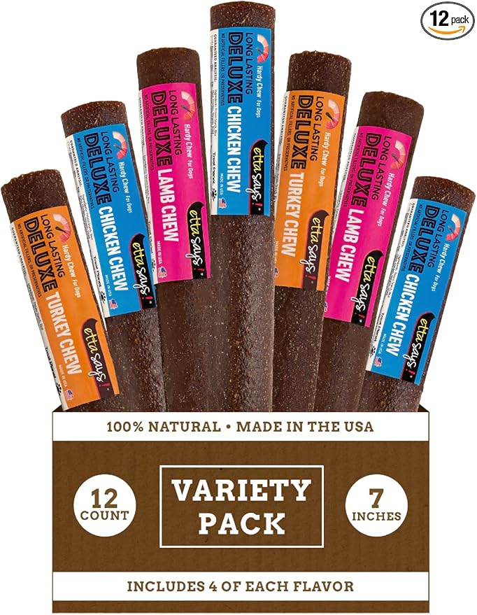 etta says! Deluxe Crunchy Dog Chews 7” Variety - All Natural, Long-Lasting Chews - Made in the USA (12 Count Pack of 1)