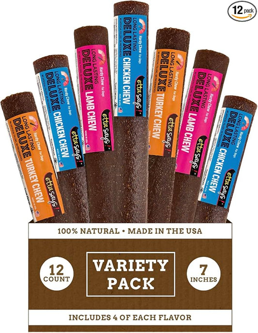 etta says! Deluxe Crunchy Dog Chews 7” Variety - All Natural, Long-Lasting Chews - Made in the USA (12 Count Pack of 1)