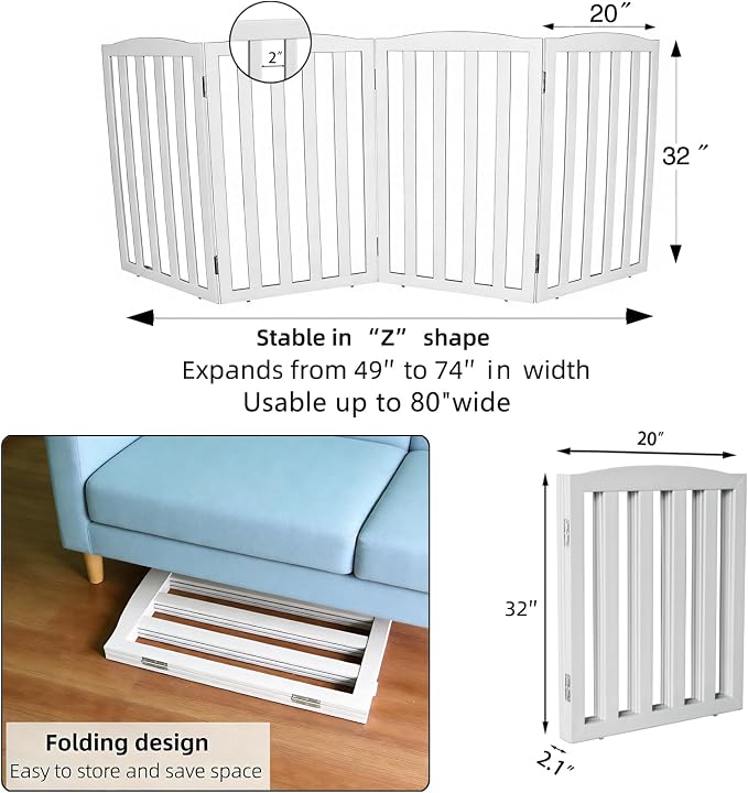 Freestanding Dog Gate Indoor,Doggie Gate Foldable Pet Gates for Doorways,Stairs or Hallways, Wooden White Pet Gate for the House, Pet Fence,32 "Height-4 Panels