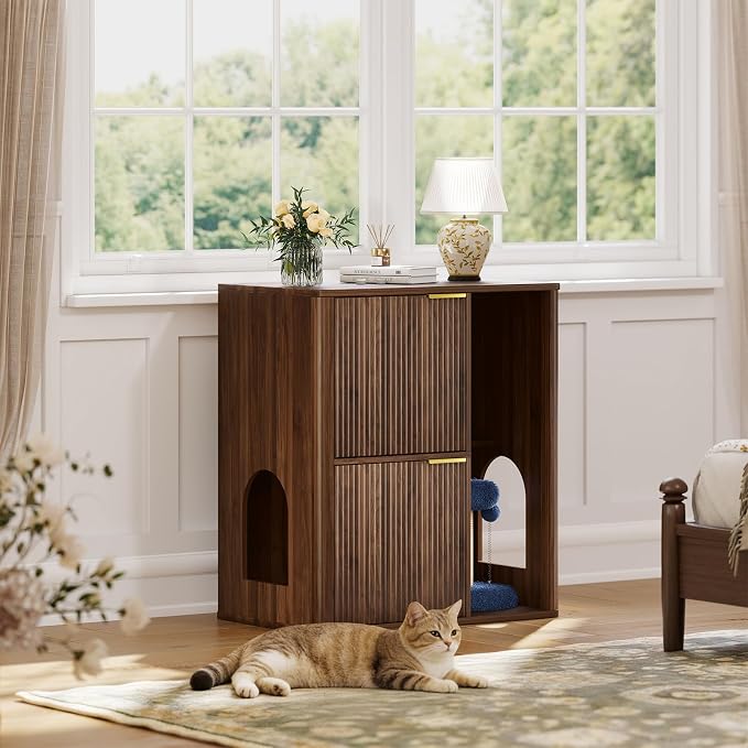 Rovibek Double Cat Litter Box Enclosure Furniture, Fluted Hidden Litter Box Enclosure for 2 Cats with Double Room, Mid Century Dual Cat Litter Cabinet with Scratching Post, Dangling Ball, Walnut