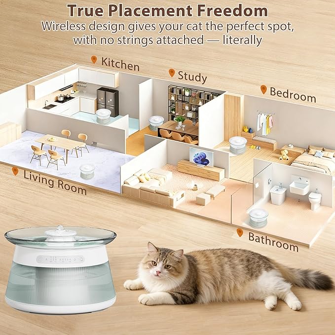 Glass Smart Cat Water Fountain, Cordless Filterless Cat Drinking Fountain No Filter Needed, Ultra Silent Wireless Pet Water Dispenser Bowl Indoor