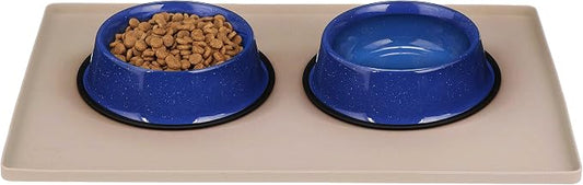 Neater Pet Brands Outdoor Camping Style Pet Bowl - No-Tip Non-Skid Water or Food Bowl for Cats & Dogs (32 oz., Blue) with Neater Mat Waterproof Silicone Bowls Mat