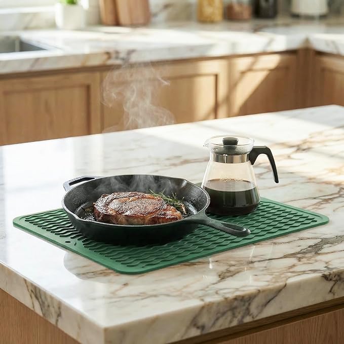 MicoYang Silicone Dish Drying Mat — Quick-Dry Ridges Counter & Sink Pad, Heat-Resistant Trivet to 450°F, Non-Slip & Dishwasher Safe, Roll-Up Storage, 18 Colors & 9 Sizes (Green, 16"×12")