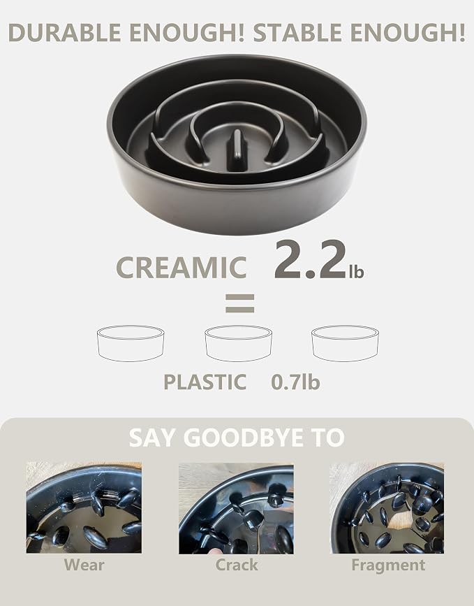 Ceramic Slow Feeder Dog Bowls, 2.0 Cups Slow Feeder for Medium Dogs, Puzzle Maze Bowl to Slow Down Eating, 30oz, 8in, Black