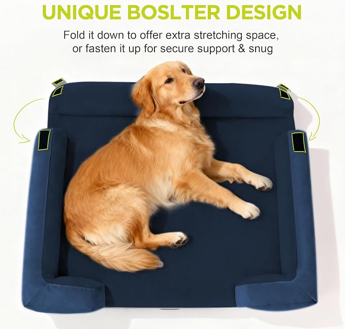 Orthopedic Memory Foam Dog Bed, 42x30, Waterproof for Large Dogs | Removable, washable cover • Waterproof memory foam liner • Bolstered couch design for joint relief • Includes tennis ball toy