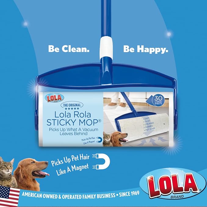LOLA Rola PET Hair Remover Sticky Mop, Giant Floor Lint Roller, 9" x 3.5", Extender Handle, Largest Head, Traps Hair, Dust, Dirt, Extra Sticky Sheets