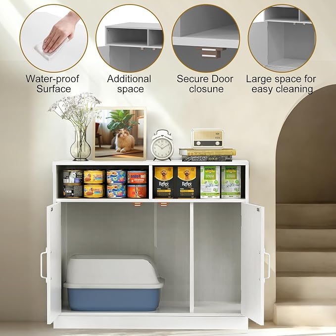 Hidden Cat Litter Cabinet,Ultra-Large Wooden Enclosed Litter Box Fumiture 2-Door Storage Cabinet 2 Open Drawers 1Air Vents Cat Litter Furniture Fit Most of Litter Box.(Whits, No Drawers)
