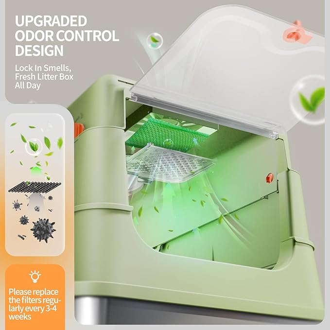 Stainless Steel Cat Litter Box with Lid, Enclosed Extra Large Metal Litter Pan for Big Cats, Full Flip Cover High Sided LitterBox Include Scoop, Easy Cleaning, Non-Stick, Green