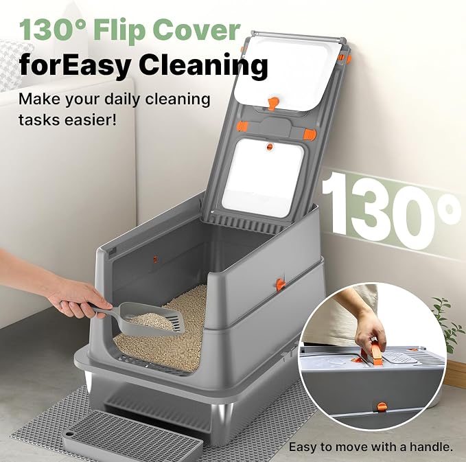 Stainless Steel Litter Box with Flip Lid, XL Extra Large Cat Litter Box with High Sided Top Entry Design, Anti-Leakage Enclosed Metal Litterbox for Big Cats, with Handle, Mat, Pedal & Scoop, Dark Grey
