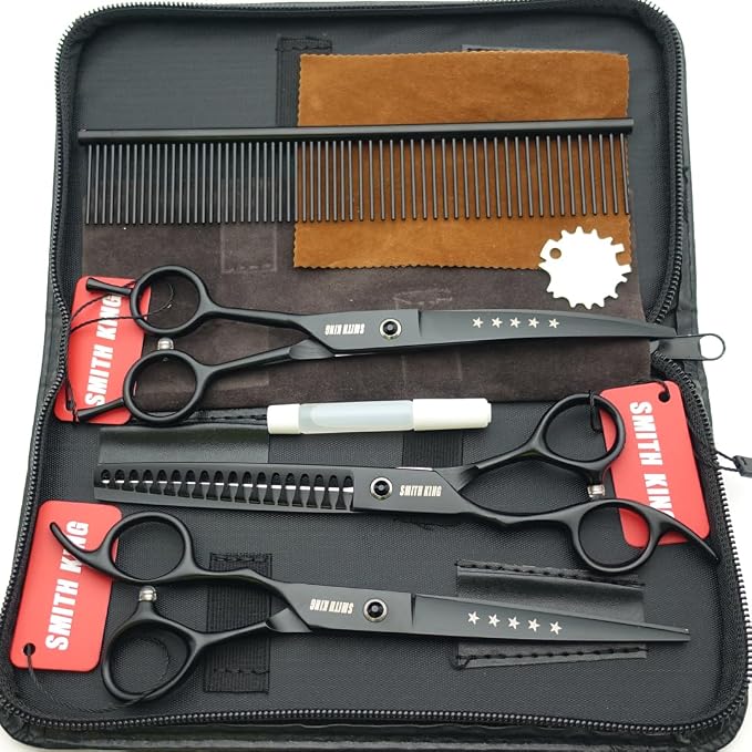 7.0 inches Professional Dog Grooming Scissors Set Straight & thinning & Curved & Chunkers 4pcs/3pcs in 1 Set (with Comb) Right-handed or Left-handed for Dog & Cats (Left-handed 3pcs wih comb)