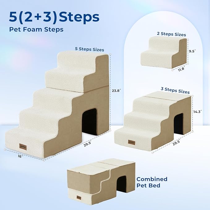 ZOMISIA Dog Steps for High Beds - 5 Step 24" H Pet Stairs with Tunnel 2 in 1 with Zippers Suitable for Small Dogs and Cats, Indoor Cat Ladders with Non-Slip Bottom, Beige