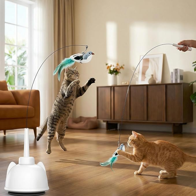 2 In 1 Electric Cat Wand Toy Interactive Cat Toys for Indoor Cats 360° Cat Toys for Bored Indoor Adult Cats, 2-Speed Fly Cat Chase Toy Automatic Cats Toys with Suction Cup Electric Cat Teaser Wand