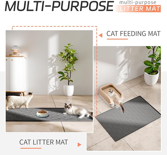 Bulkniu Silicone Cat Litter Mat with Raised Edges, Waterproof/Urineproof, Litter-Collecting Interior Ridges, Soft & Pet-Friendly (24"x16"-Dark Grey)