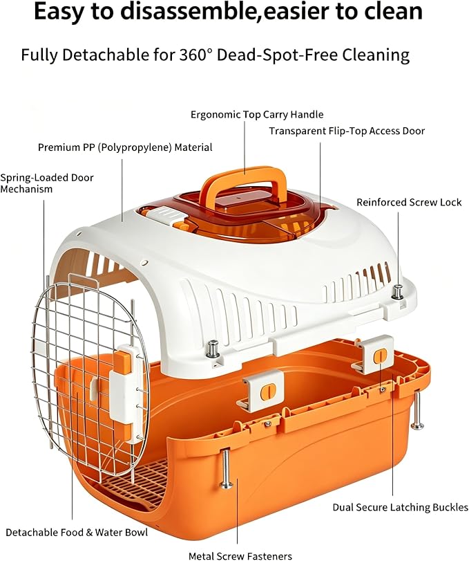 Cat Carrier Airline Approved, Portable Pet Travel Crate with Anti-Stress Design for Cats & Small Dogs, Car Safe Kennel with Top Window (Orange)