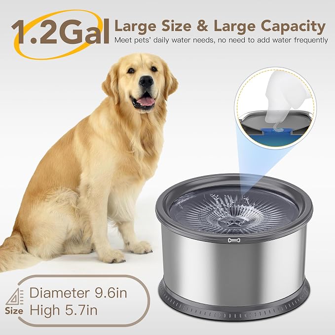 4.5L/1.2Gal Dog Water Bowl, No Spill Stainless Steel Slow Water Bowl for Medium Large Dogs, Large Capacity Splash Proof Slow Drinking Water Bowls with Anti-Slip Mat for Mess Drinkers, Gray