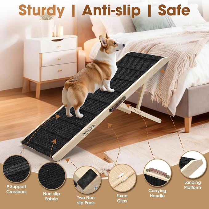 Dog Ramp for High Bed - 51.2" Long Foldable Pet Ramp for Small Large Dogs - Dog Ramps for Couch Beds Car/SUV - Pet Stairs High Traction with Buffe Platform 5 Adjustable Heights 14" to 28" Up to 150LBS
