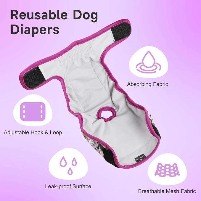 Washable Dog Diapers (3 Pack), Reusable Dog Diapers for Doggie Heat Period, Reusable Doggie Diaper for Female Dogs (Medium)