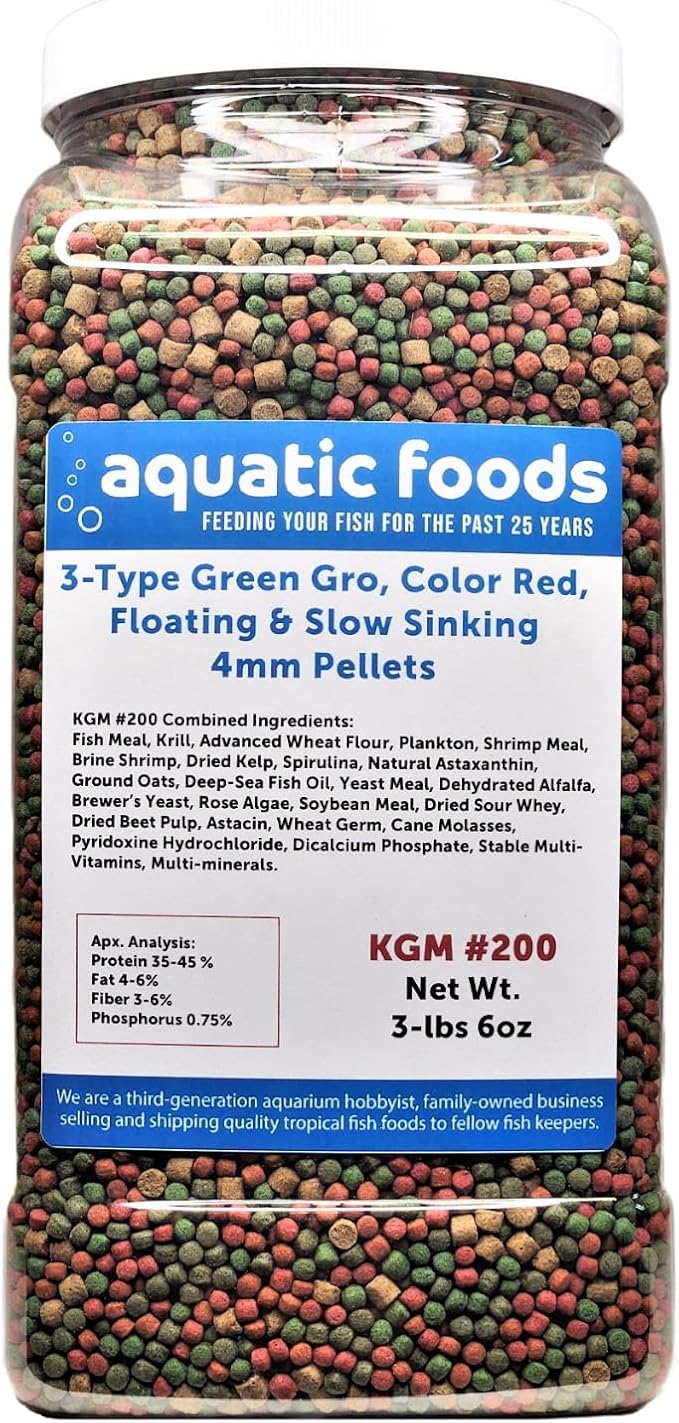 3-Type Blend of 4mm Floating Green GRO & Color Red Floating Pellets & 40% Protein Slow Sinking 4mm Pellets for All Tropicals & Pond Fish. KGM-200…3-lb 6oz Lg Jar