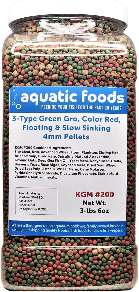 3-Type Blend of 4mm Floating Green GRO & Color Red Floating Pellets & 40% Protein Slow Sinking 4mm Pellets for All Tropicals & Pond Fish. KGM-200…3-lb 6oz Lg Jar