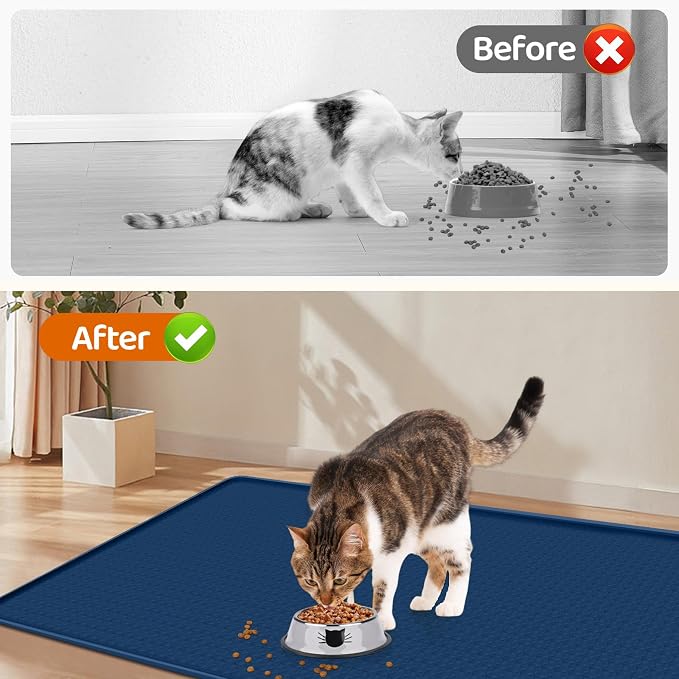Cat Food Mat, 51" x 25.6" Extra Large Silicone Pet Feeding Mat with Raised Edge Pet Placemat for Food and Water Bowl Non-Slip, Easy to Clean, Floor Protection (Navy Blue)