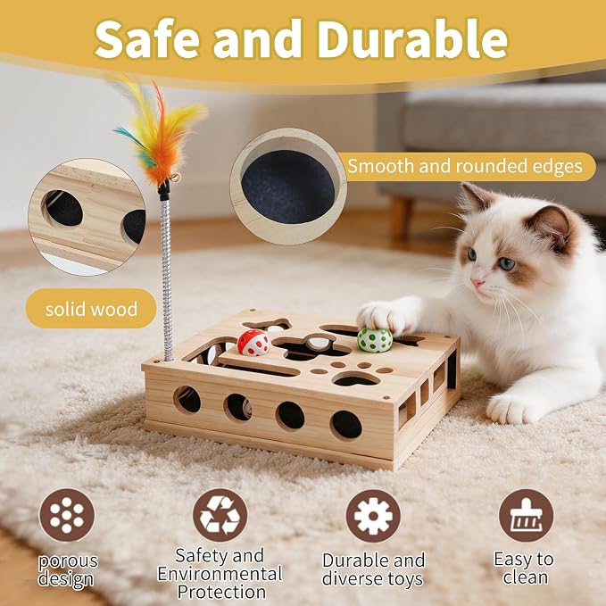 Cat Nail Care Enrichment Box, Interactive Cat Activity Box with 4 Bell Balls, 2 Catnip Balls & 1 Feather Wands, Natural Claw Care & Boredom Relief for Indoor Cats