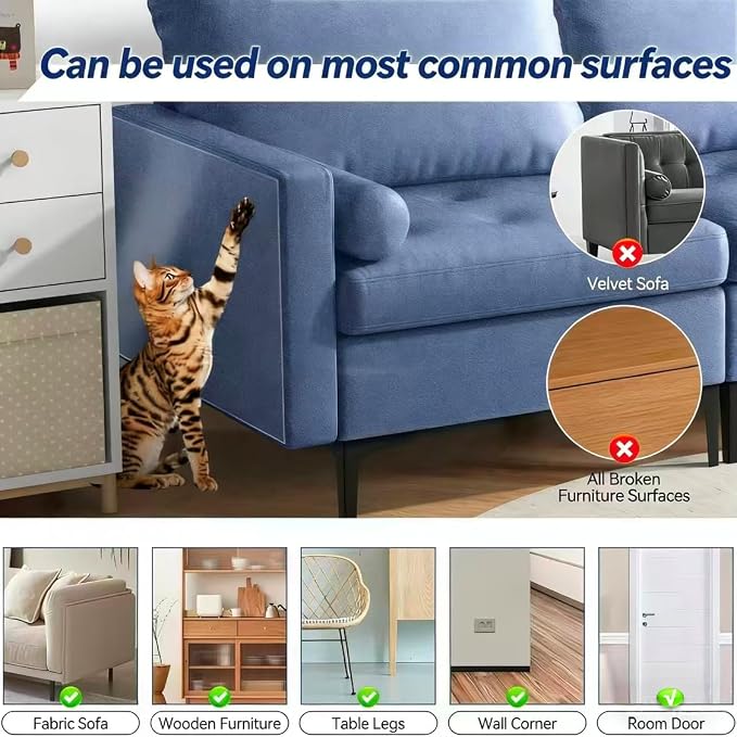 Cat Scratch Furniture Protector 12 Pack with 50 Pins — 0.15mm Thick Sheets, Dual-Size 8×(17"x12") + 4×(17"x6"), Clear Anti Scratch Deterrent for Couch Sofa, Residue-Free MSDS Safe