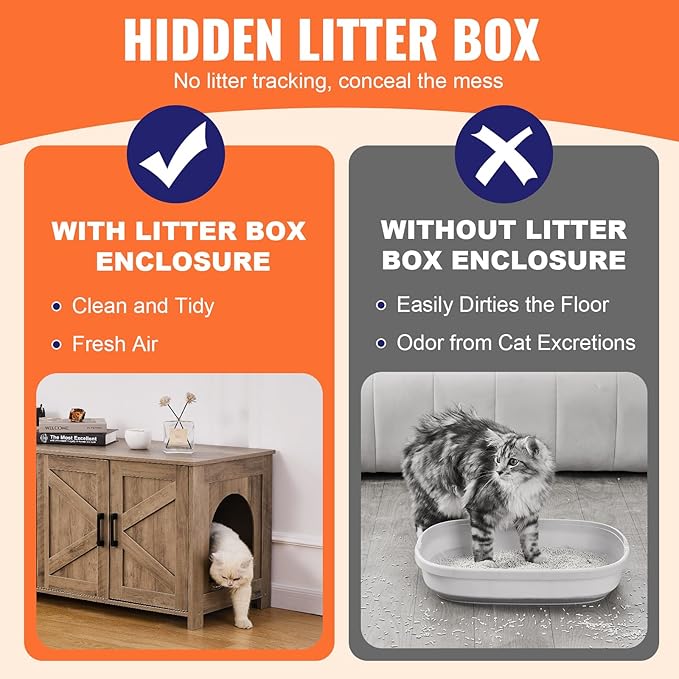 VEVOR Cat Litter Box Enclosure for 2 Cats, Litter Box Furniture Hidden with Double Rooms, Wooden Cat Box Cabinet Fit Most of Litter Box