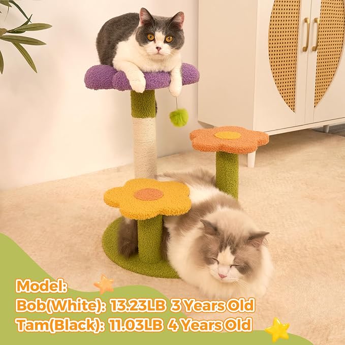 Flower Cat Trees, Flowers Scratching Post Kitten Tree 18" High 3-PLY Cat Tower, Cozy Fluffy Cute Cat Condo for Kitten Indoor Activity