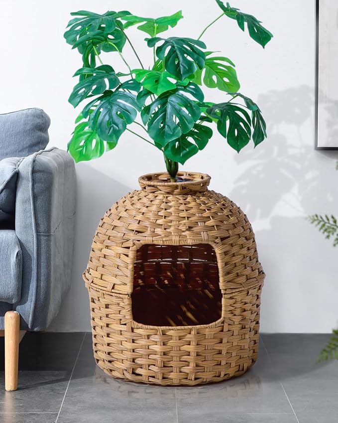 SETVSON Cat Litter Box Plant Furniture Enclosure, Hidden Handwoven Rattan with Cat Litter Box and Artificial Plants, Odor Control Filter, Real Stones in Living Room, Bedroom, Corner Natural