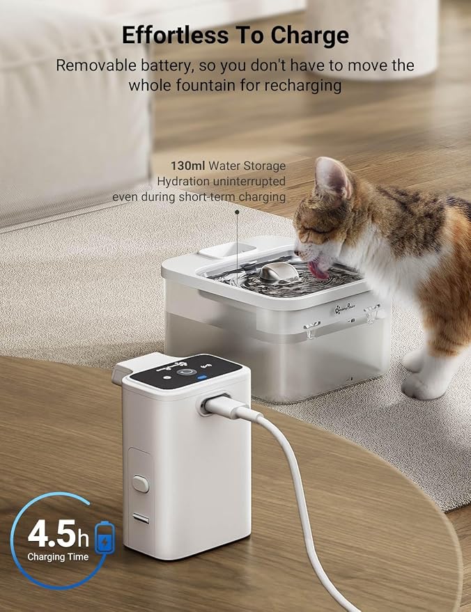 DownyPaws White Stainless Steel Cat Water Fountain Battery Operated Wireless with 6pcs Filter Replacement for 3 Months