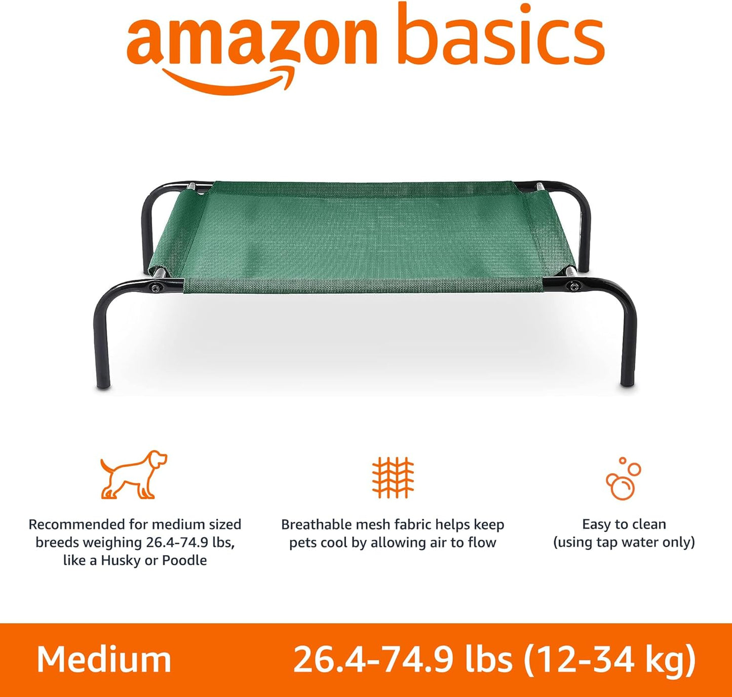 Amazon Basics Cooling Breathable Elevated Dog Bed with Metal Frame for Medium Dogs, 43 x 26 x 7.5 Inch, Green