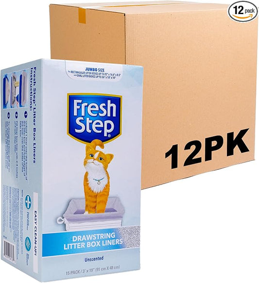 Fresh Step Jumbo Drawstring Cat Litter Box Liners, Heavy Duty Unscented Kitty Litter Bags for Oval Rectangle Pans, Easy Lift Cleanup, 36 x 19 Inches, 15 Count, 12 Pack