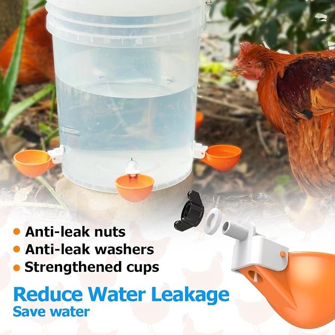 Large Automatic Chicken Waterer Cups with Inserts, Chicken Water Feeder Suitable for Chicks, Duck, Goose, Turkey and Bunny, DIY Poultry Water Feeder Kit (5 Pack-Orange)