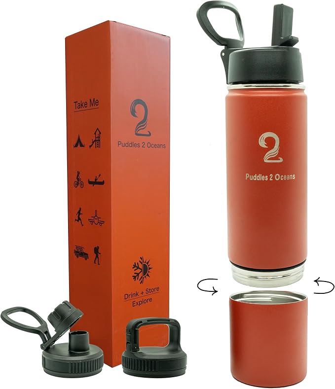 Insulated Water Bottle & Snack Container - Stainless Steel Water Bottle with Storage Compartment, 3 Lid Types BPA Free, Leak & Spill Proof Travel Bottle for Kids & Adults - Snack and Drink Cup