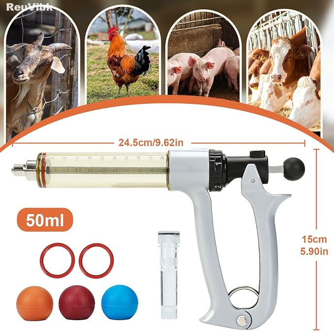 50ml Semi-Auto Repeating Livestock Syringe Gun, 5 Dose Settings | Ergonomic Grip, Clear Barrel & Luer Lock, Vet Injector for Cattle, Horses, Goats, Sheep & Pigs