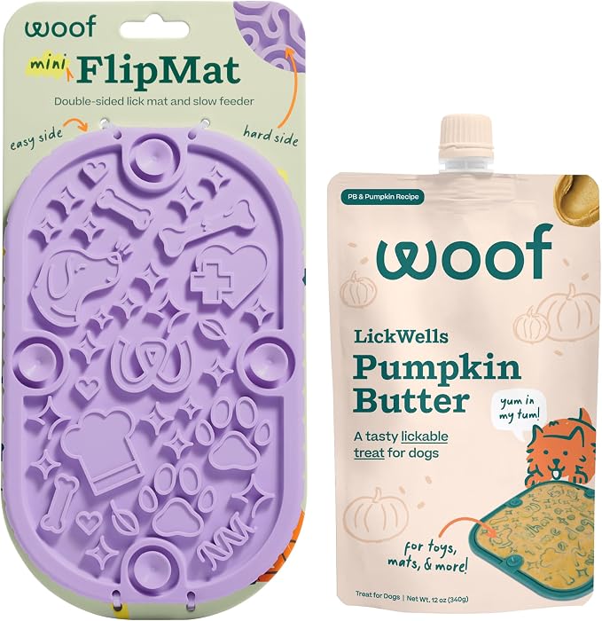 WOOF FlipMat Mini- Easy-to-Clean Lick Mat for Small Dogs & Travel + LickWells Pumpkin Butter - Dog Lick Mat Spread and Meal Topper for the FlipMat and LickMat