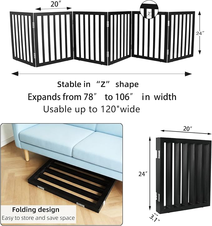 Dog Gate Indoor, Freestanding Dog Fence for The House, Doorways, Hallways,or Stairs,Pet Gate Foldable Wooden,Expandable 24" Height 6 Panels,Black