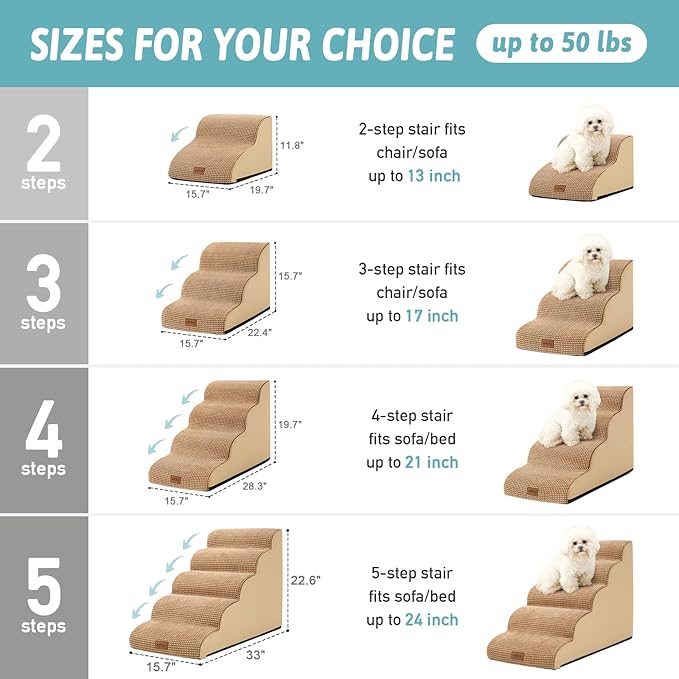 COZY KISS Dog Stairs for Small Dogs, Curved Dog Step for Puppy, Older or Cat, Medium Pet Ramp for Sofa, Couch or Bed, Ladder with High Density Foam, 15.7x28.3x19.7 inch, 4 Step, Light Brown