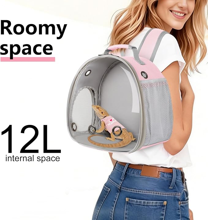 Bearded Dragon Carrier Backpack with Security Printing Harness Set, Reptile Lizard Travel Carrier (Pink, Mommy Harness)