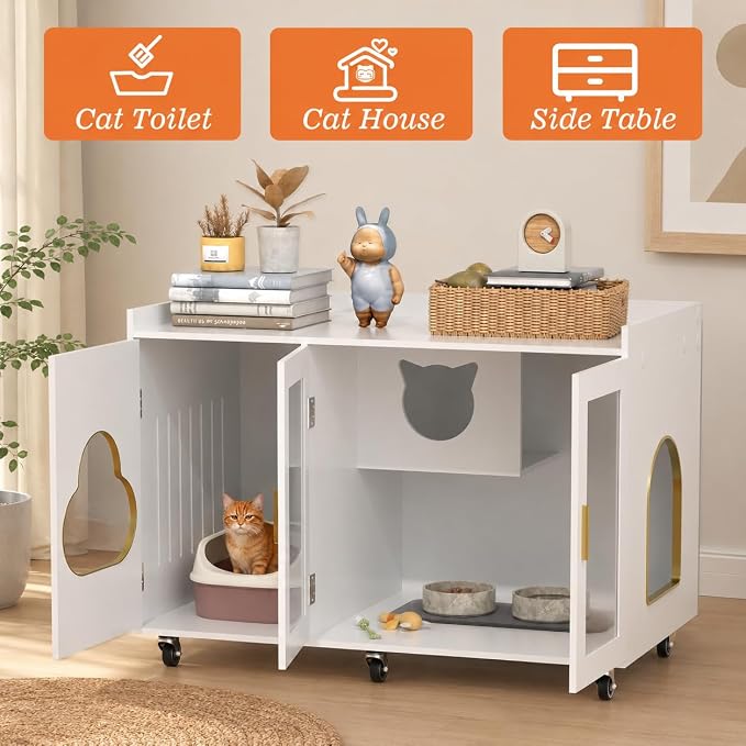 Cat Litter Box Enclosure, Large Cat Litter Box Furniture Transparent Glass Door, Fit Most of Litter Box, Modern Indoor Partitioned Cat House, End Table, 39.4 X 21.7 X 24.8 Inches, White