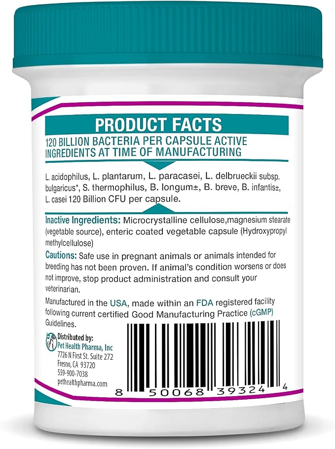 Vetbiome +® Plus High Strength Probiotics for Pets (40 Capsules) - 120 Billion CFU, 9 - Strain Formula – Third Party Tested - Made in U.S.A