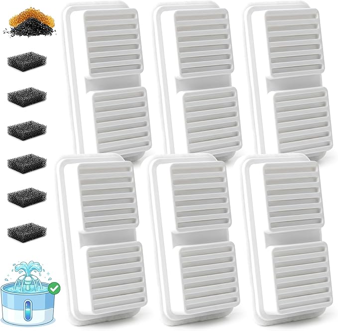 6 Pack Cat Water Fountain Filter with 6 Pre-Filter Sponges, Replacement Filters for Stainless Steel Cat Water Fountain, Multi-Layer Filtration (6, White)