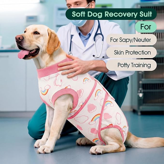Kuoser Dog Surgery Recovery Suit, Soft Breathable Dog Recovery Suit for Female Spay Male Nueuter, Anti Licking Puppy Onesie Pet Surgical Suit for Dogs Abdominal Wounds Skin Disease, Rainbow 2XL